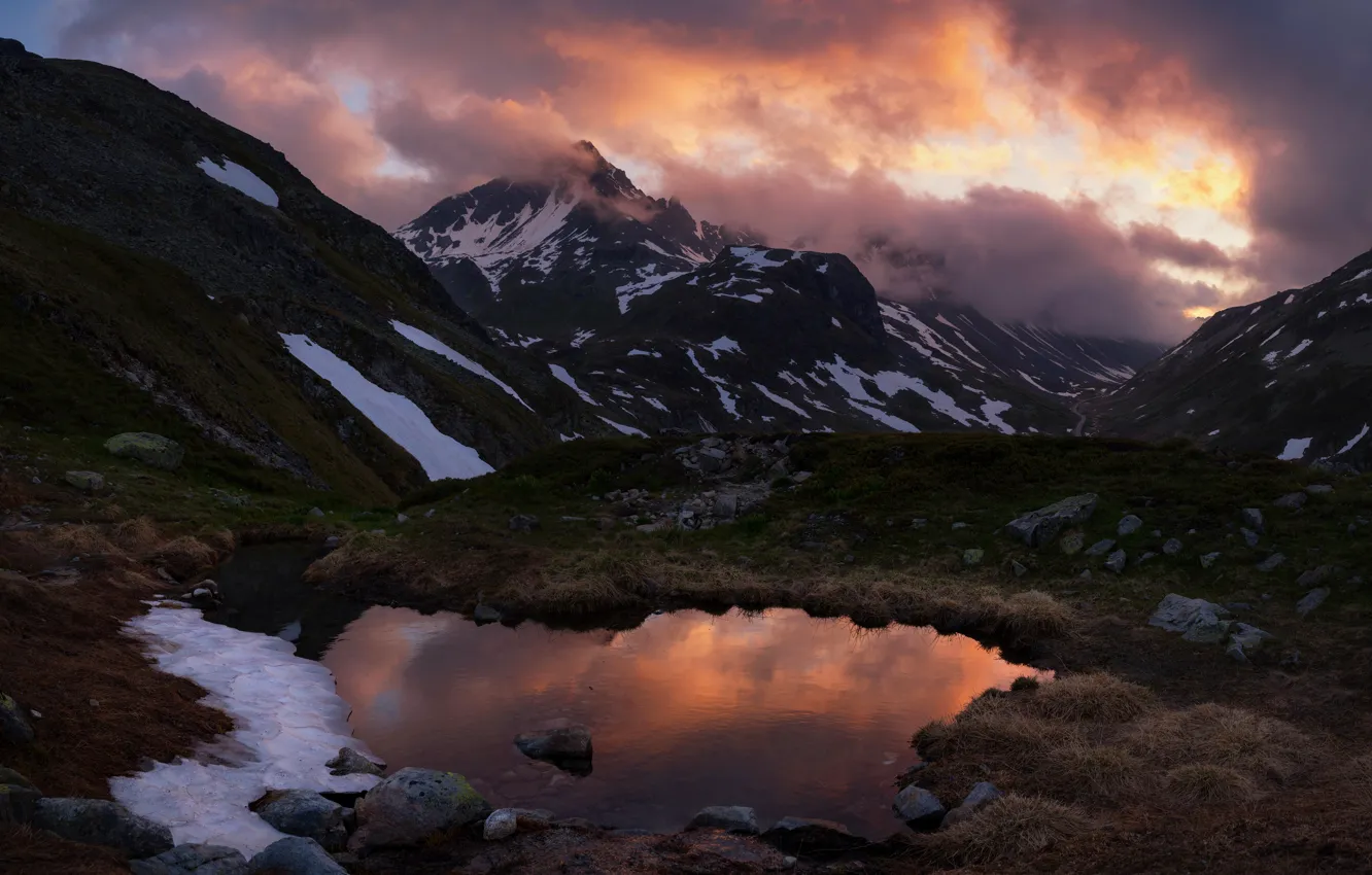 Photo wallpaper the sky, clouds, snow, landscape, sunset, mountains, clouds, nature