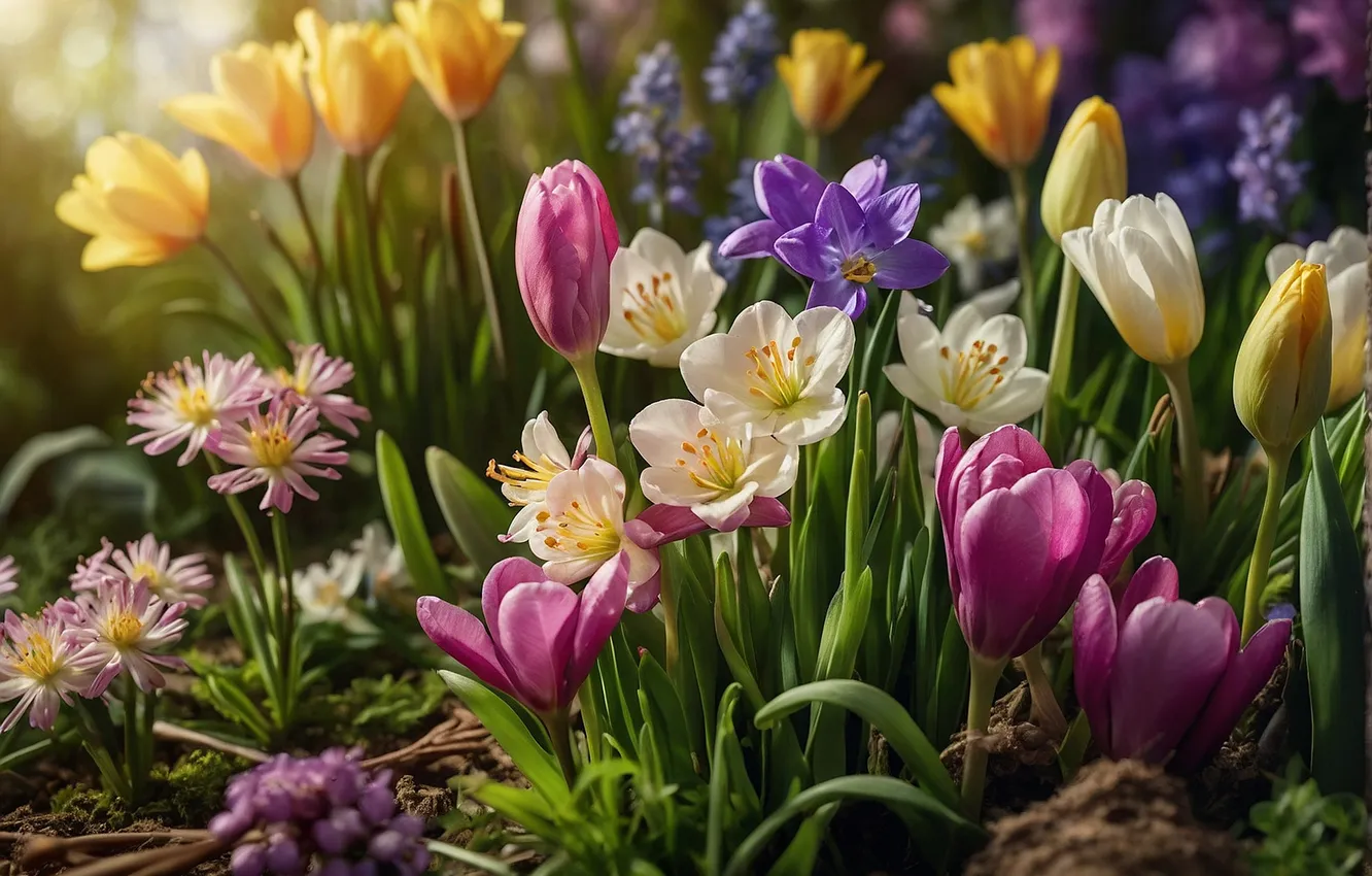 Photo wallpaper field, flowers, spring, colorful, tulips, flowering, blossom, flowers