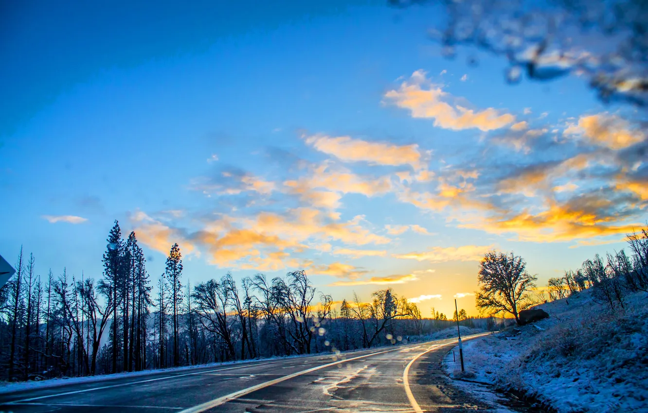Photo wallpaper winter, road, forest, the sky, asphalt, the sun, clouds, snow