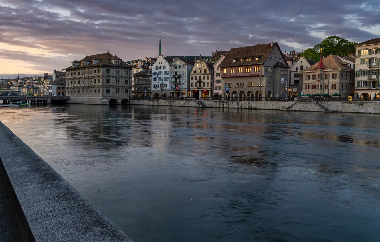 Photo wallpaper river, building, Switzerland, promenade, Zurich