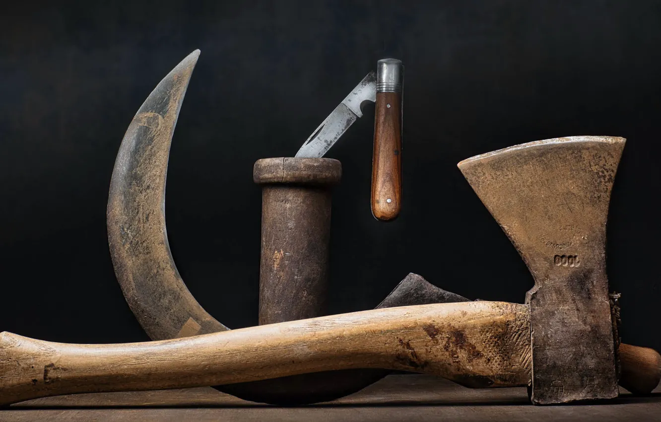 Photo wallpaper knife, axe, hammer