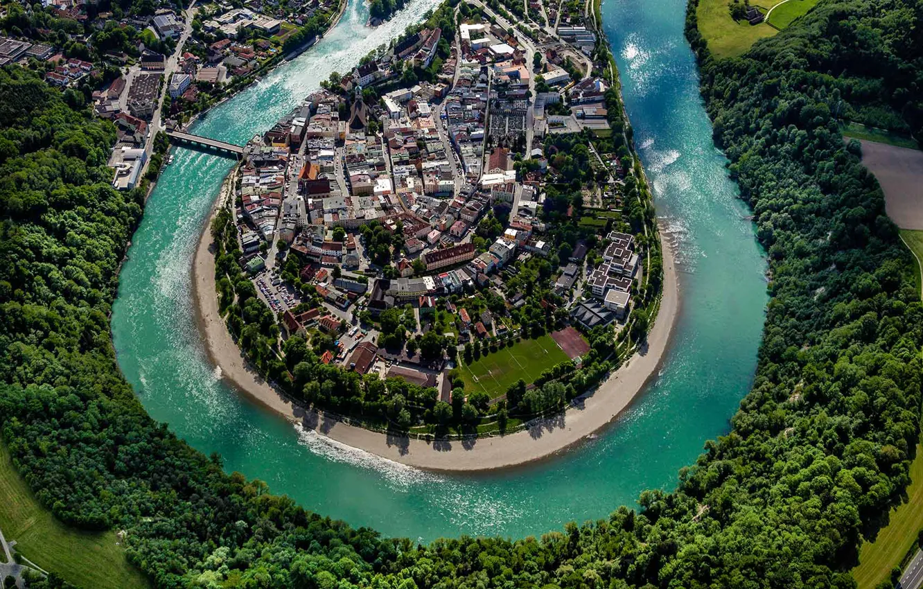 Photo wallpaper landscape, river, home, Germany, Bayern, panorama, Wasserburg am Inn, Inn