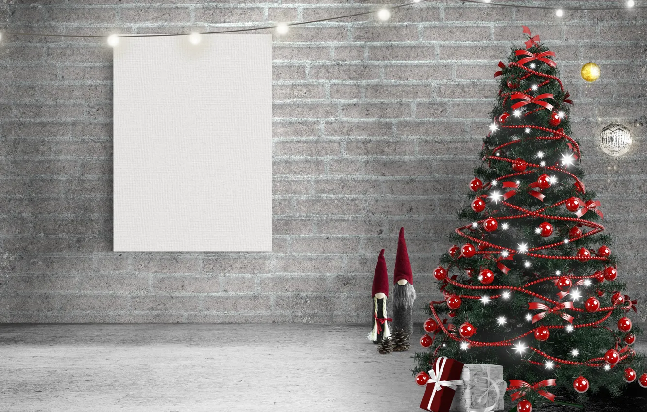 Photo wallpaper winter, leaves, balls, red, canvas, space, lights, wall