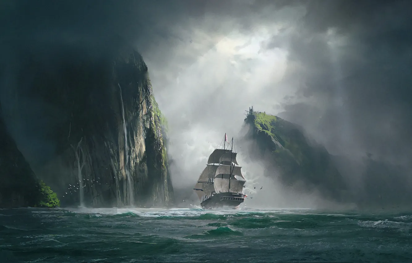 Photo wallpaper sea, clouds, fog, rocks, ship, art, clearance