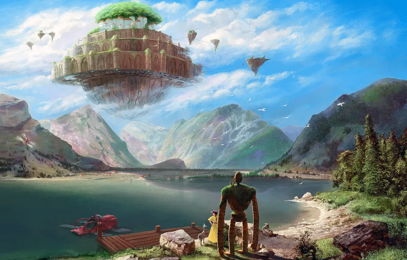 Photo wallpaper girl, clouds, mountains, the city, lake, rocks, shore, island