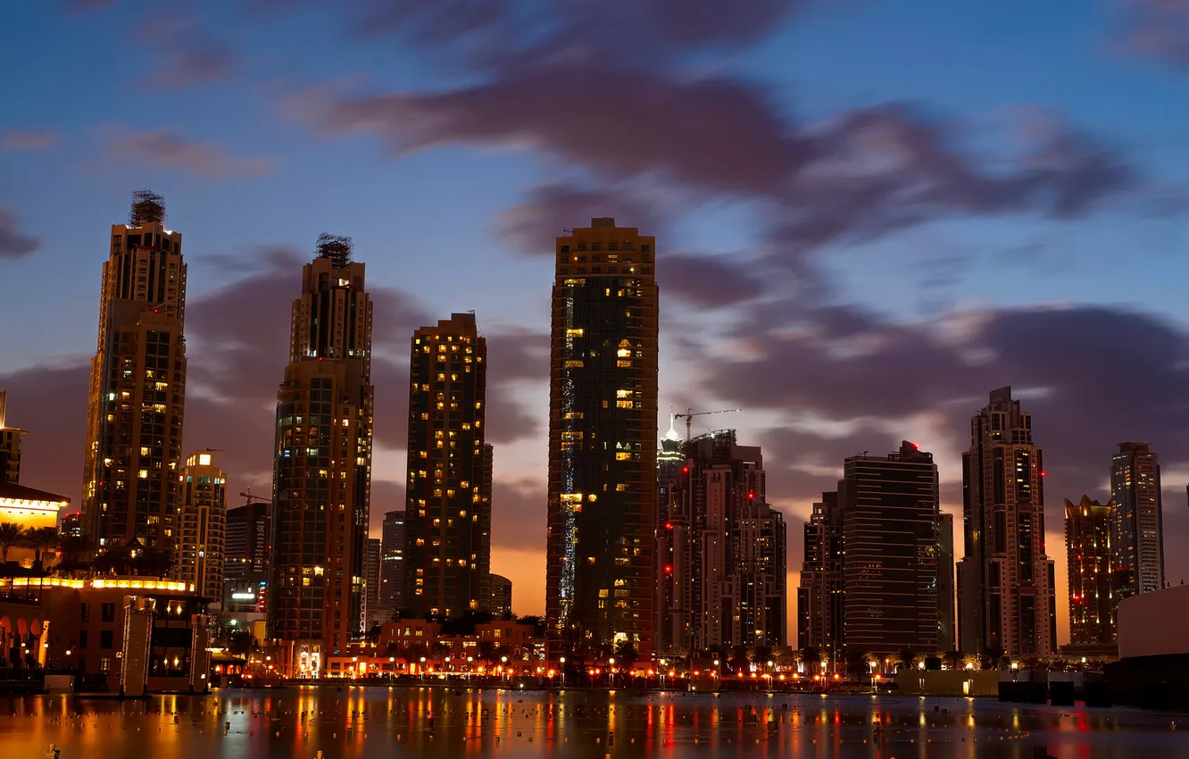 Photo wallpaper clouds, lights, home, skyscrapers, the evening, Dubai, twilight