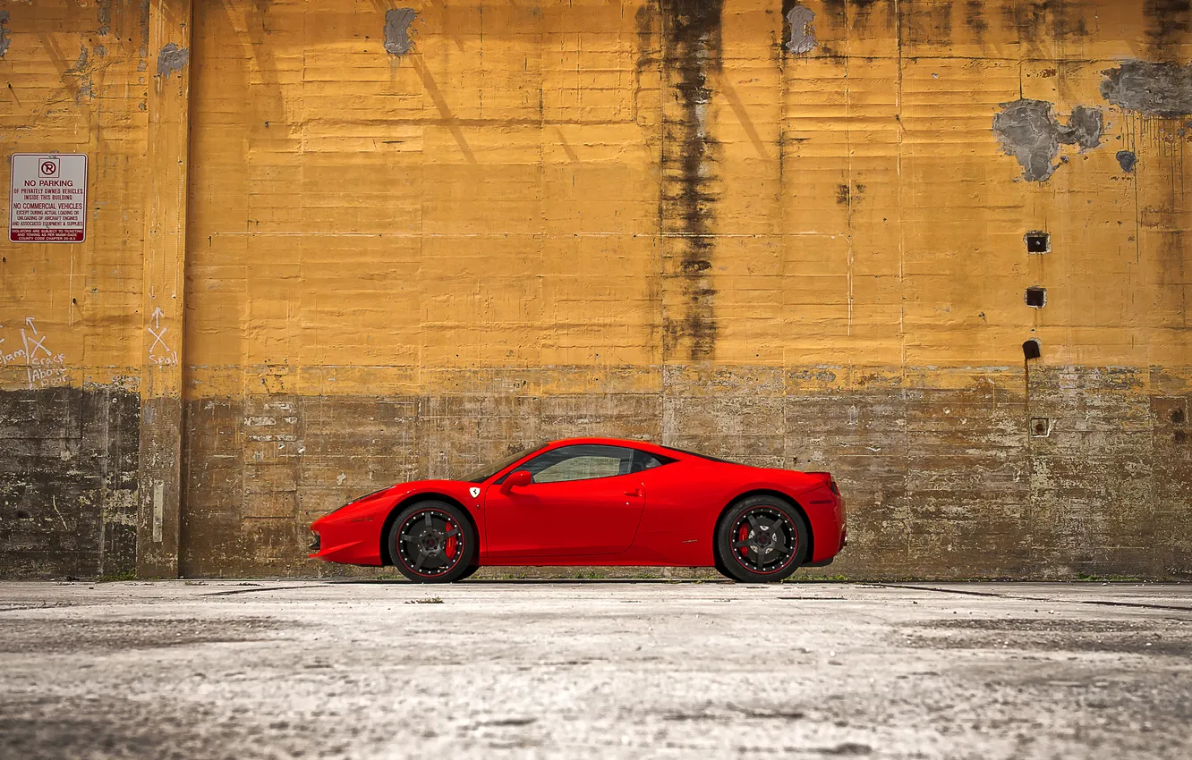 Photo wallpaper red, wall, sign, red, wall, ferrari, Ferrari, side view