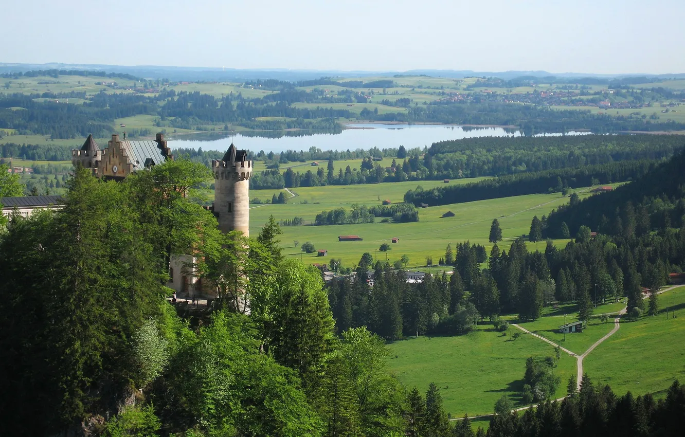 Photo wallpaper forest, the sky, trees, lake, river, castle, hills, tower
