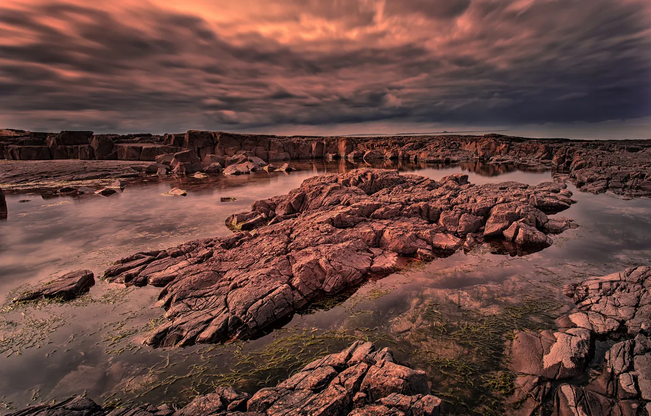 Photo wallpaper the sky, water, clouds, stones, rocks, tide