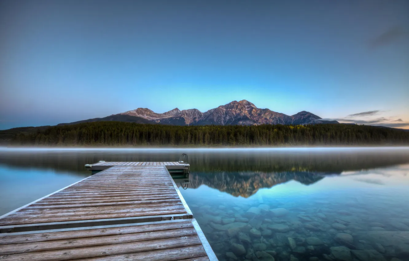 Photo wallpaper mountains, lake, reflection, pierce