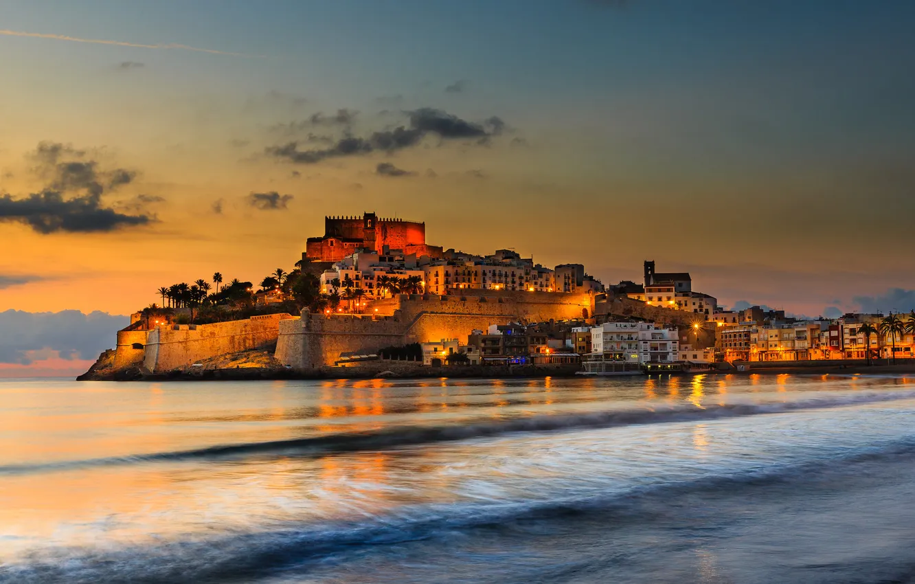 Photo wallpaper sea, lights, home, the evening, fortress, Spain, Valencia, Penisole
