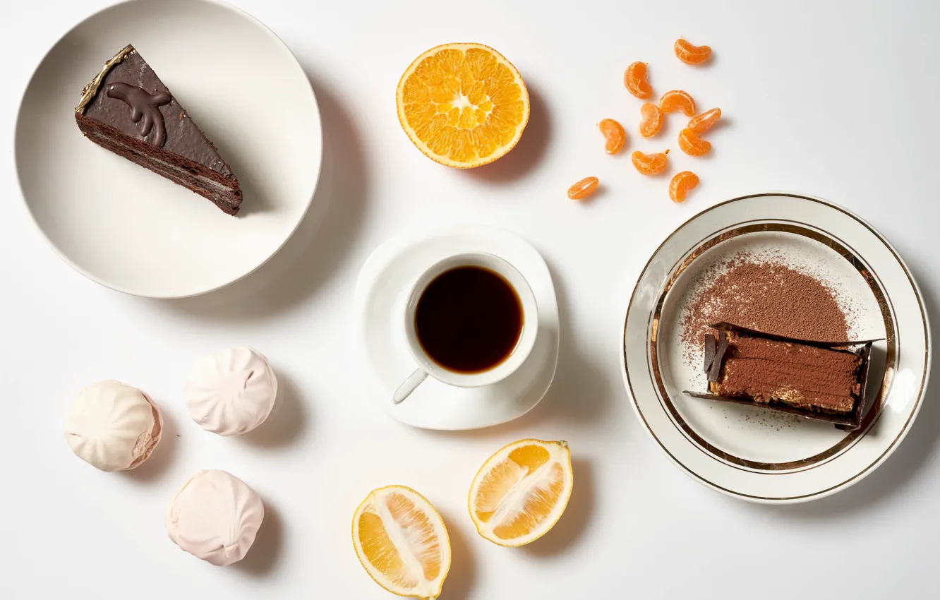 Photo wallpaper table, lemon, coffee, orange, plate, Cup, white background, cake