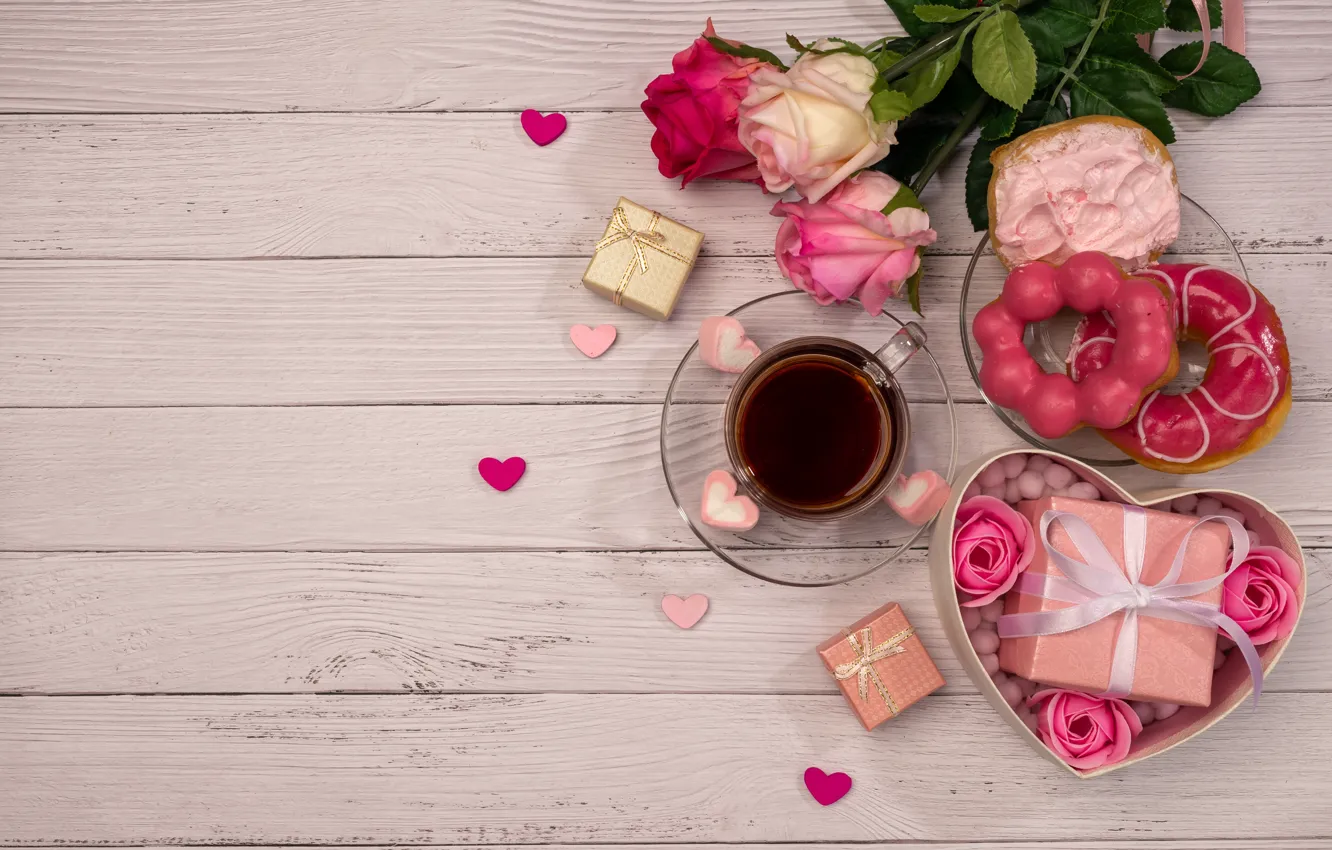 Photo wallpaper tea, roses, bouquet, Cup, gifts, donuts, Valentine's day, Colnihko