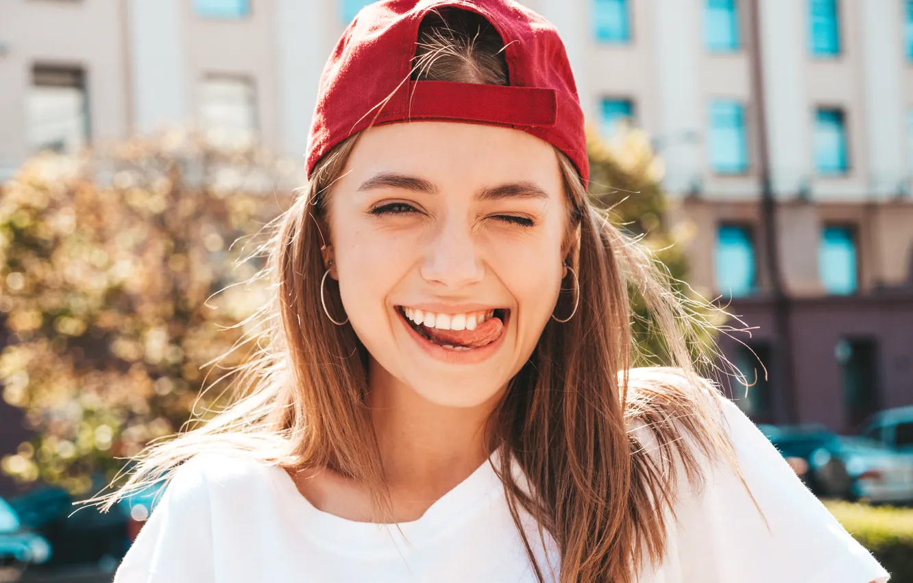 Photo wallpaper girl, beautiful, pretty, sweet, cap, tongue