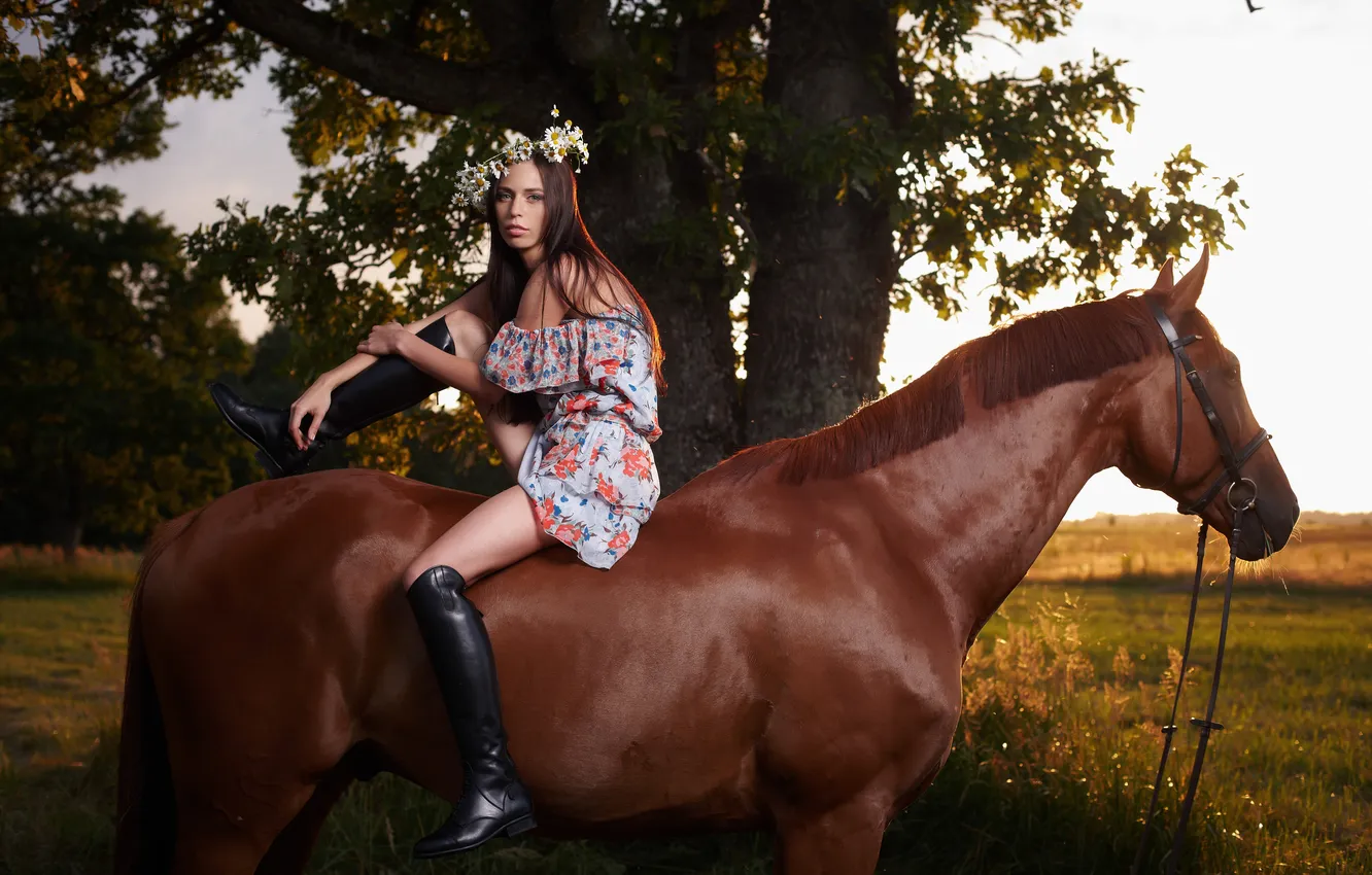 Photo wallpaper girl, brown, horse, sitting