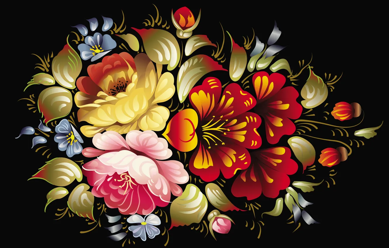 Photo wallpaper flowers, pattern, figure, petals, painting, Khokhloma