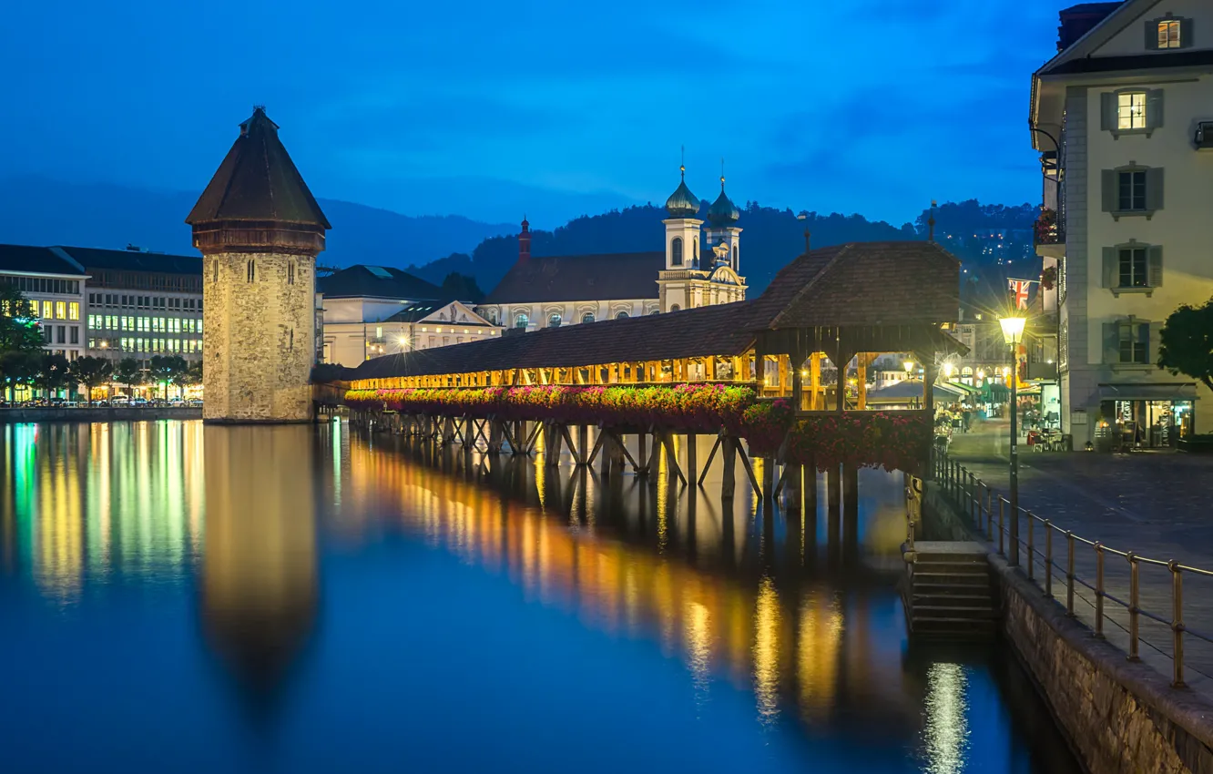 Photo wallpaper Switzerland, Switzerland, Lucerne, Reuss River, Luzern, Chapel bridge, Credit, Canton of Lucerne