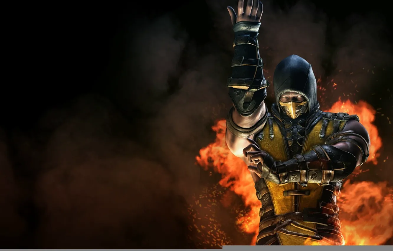 Photo wallpaper yellow, lights, fighter, Scorpio, ninja, Mortal Kombat, Scorpion, Mortal Kombat X