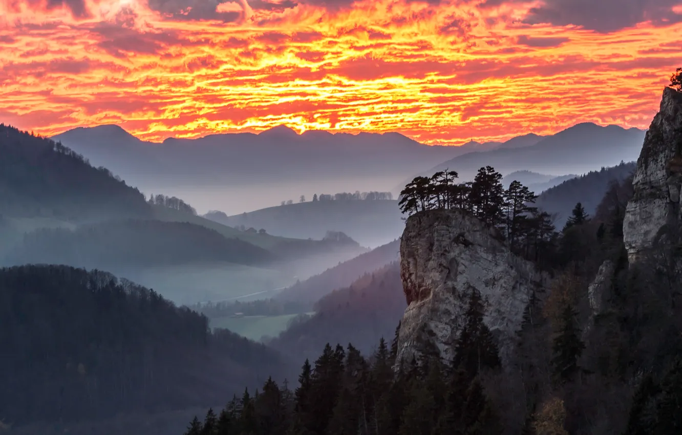 Photo wallpaper the sky, clouds, trees, mountains, fog, rocks, home, valley