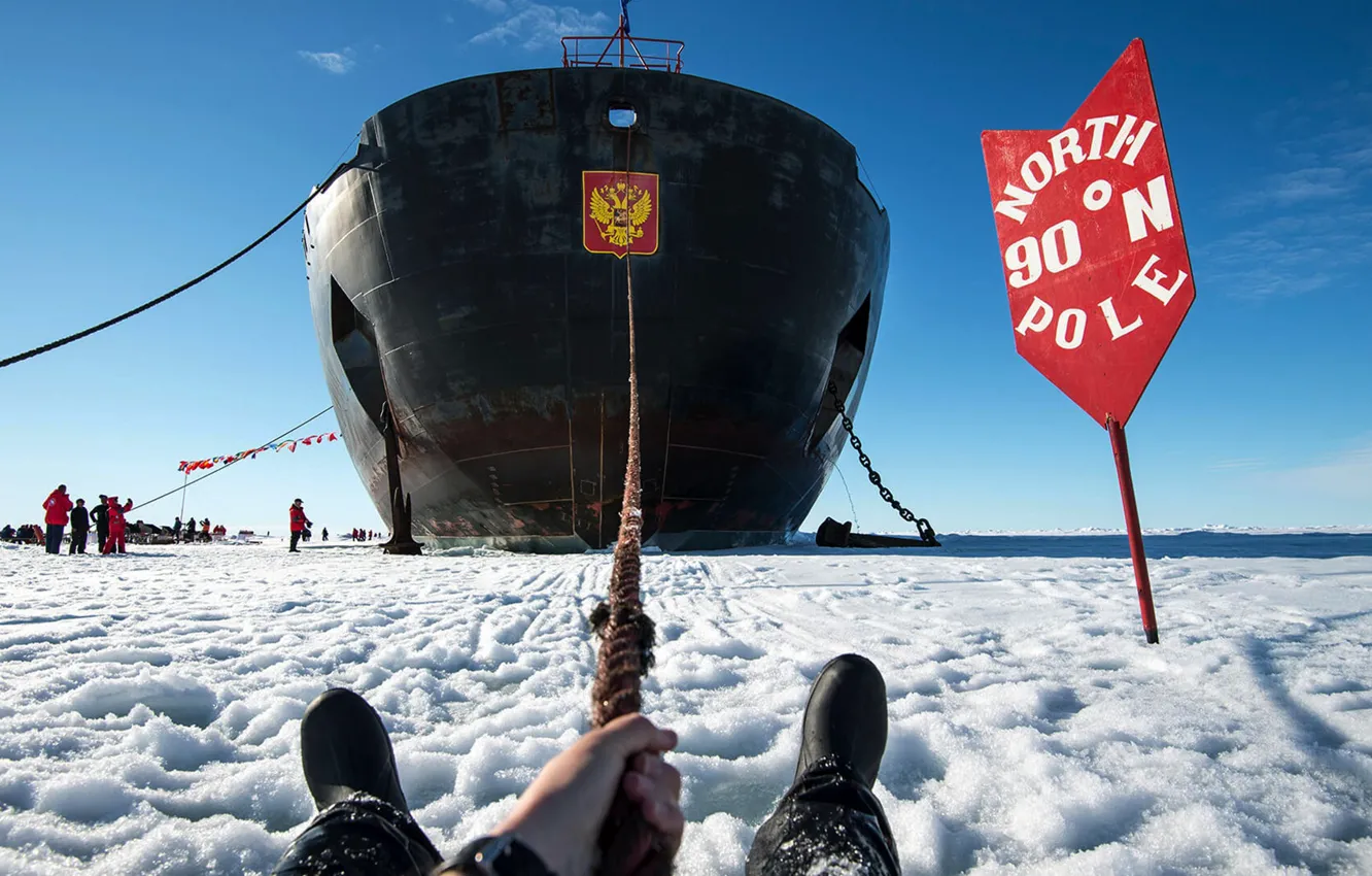 Photo wallpaper The sky, Winter, Ice, People, Day, Icebreaker, The ship, Russia