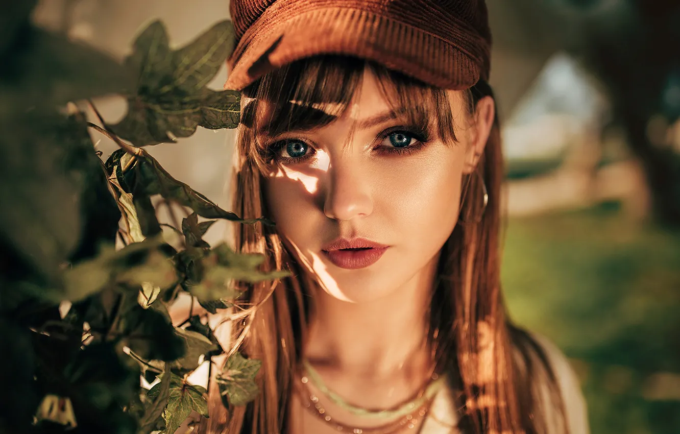 Photo wallpaper look, leaves, girl, face, portrait, makeup, Oksana Novak