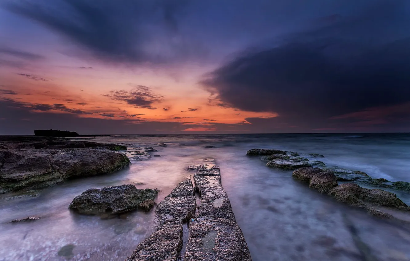 Photo wallpaper sea, stones, shoal, the sky, the crimson