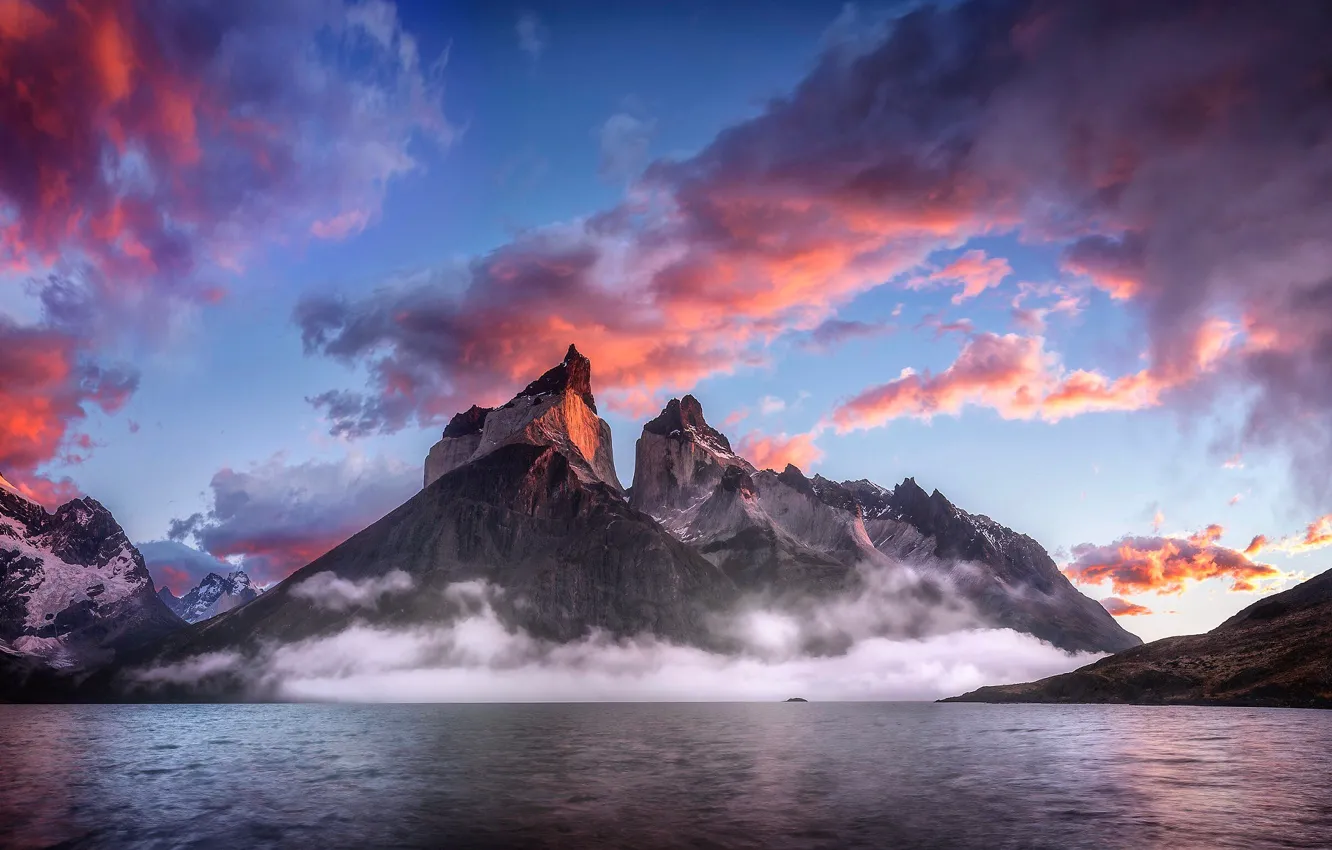 Photo wallpaper the sky, clouds, mountains, fog, lake, Patagonia