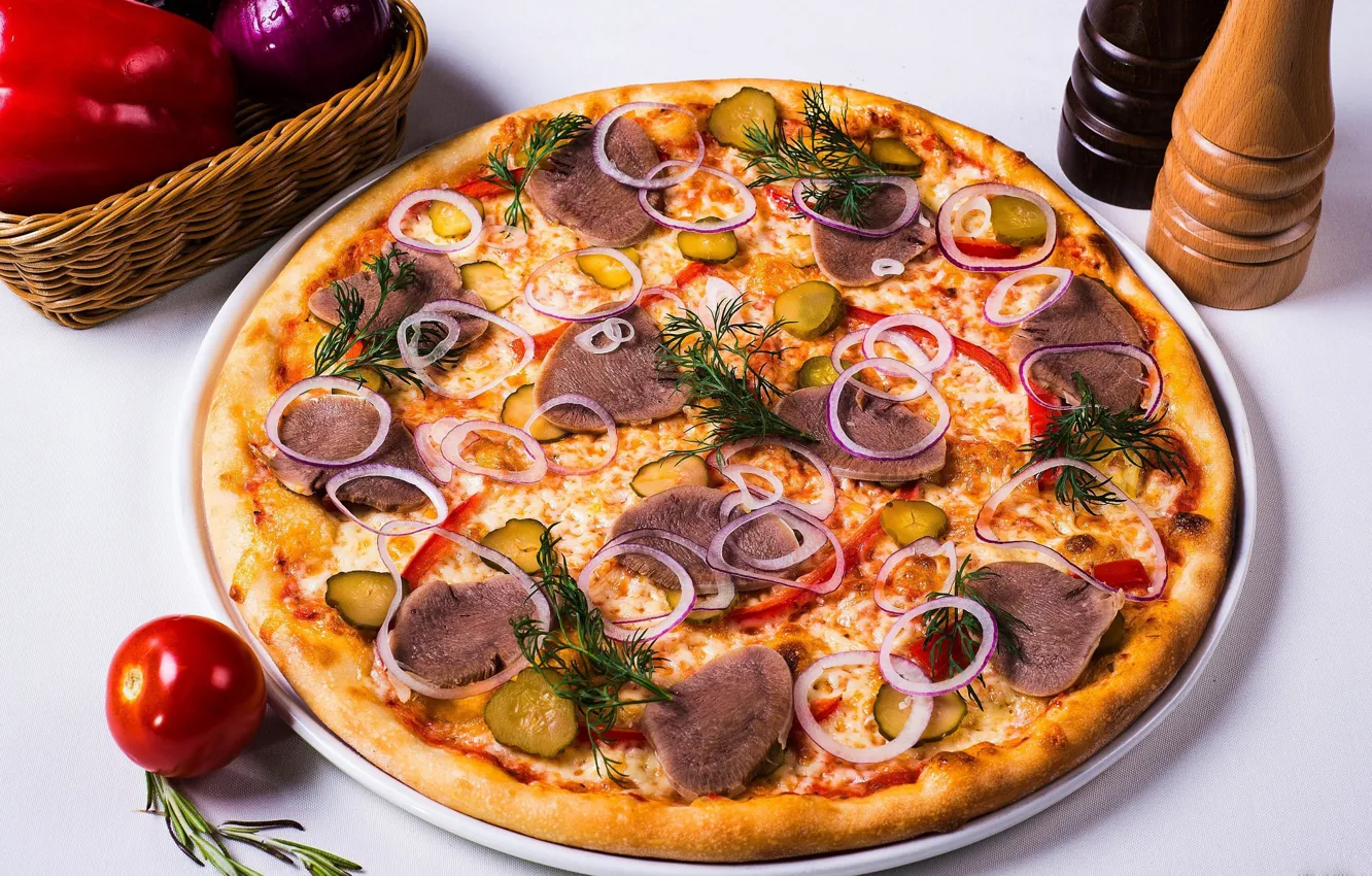 Photo wallpaper cheese, bow, meat, pepper, pizza, tomatoes, cucumbers