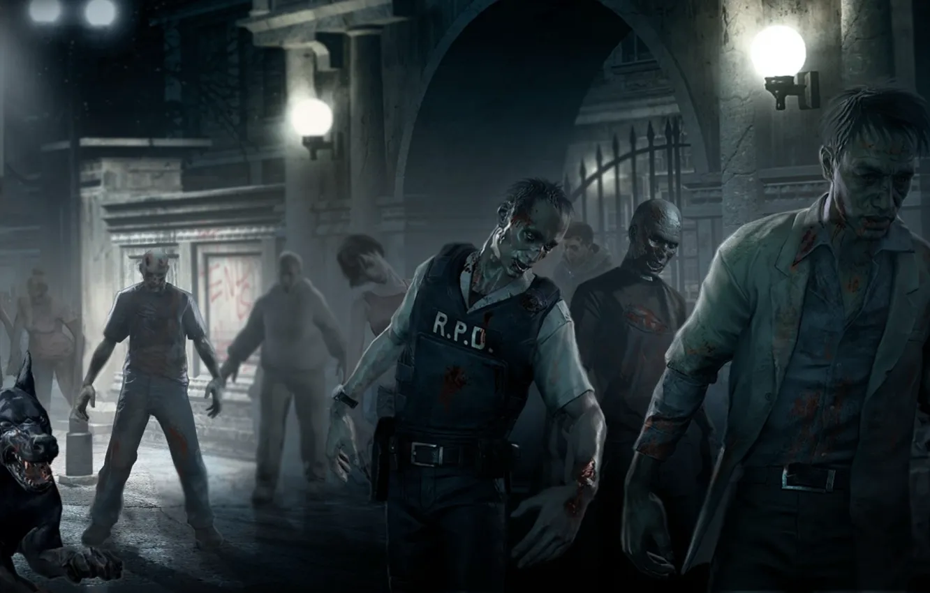 Photo wallpaper zombie, blood, game, undead, police, dog, Resident Evil, man
