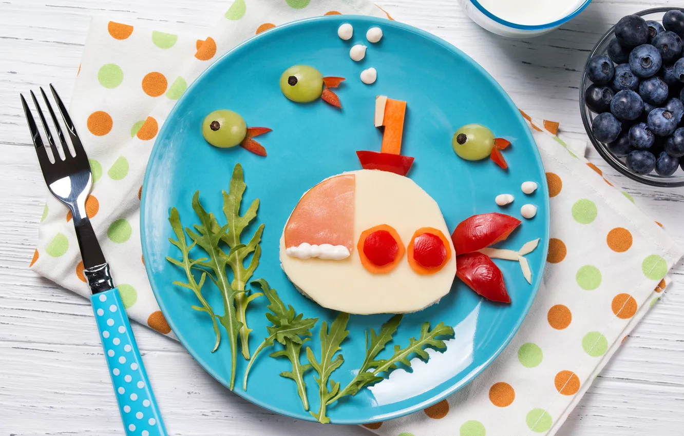 Photo wallpaper berries, fish, blueberries, grapes, plug, sandwiches