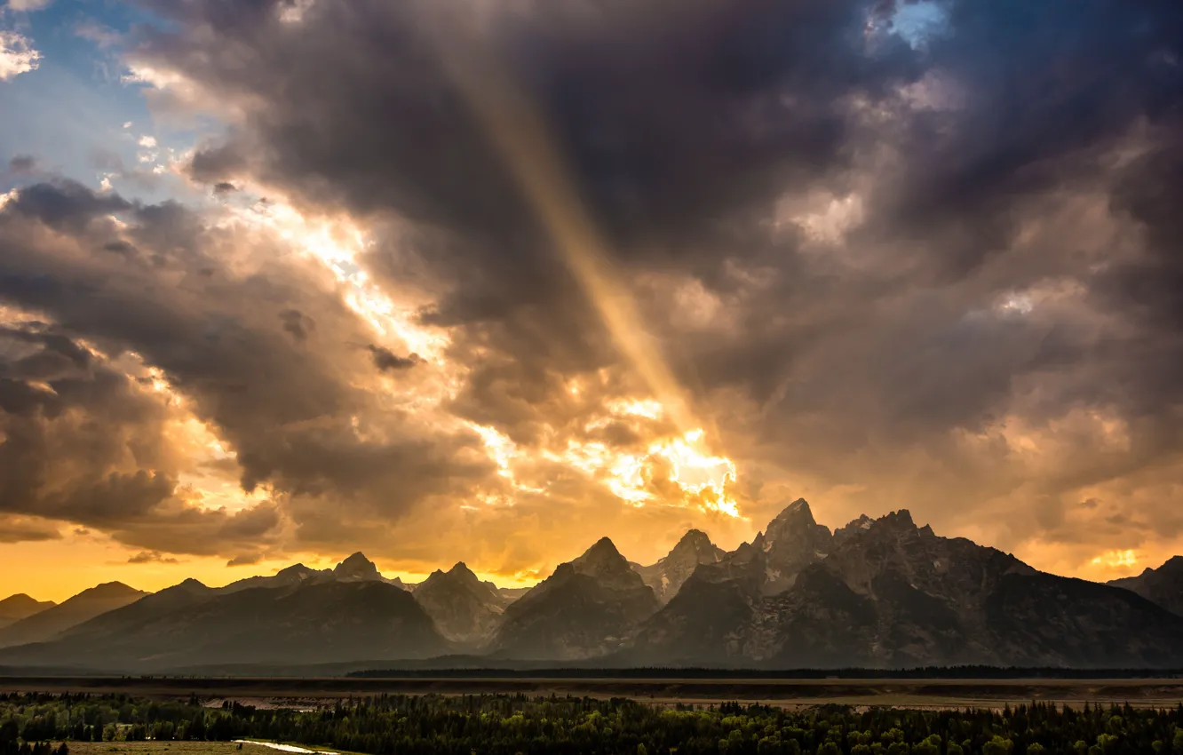 Photo wallpaper forest, the sky, clouds, rays, light, river, valley, Wyoming