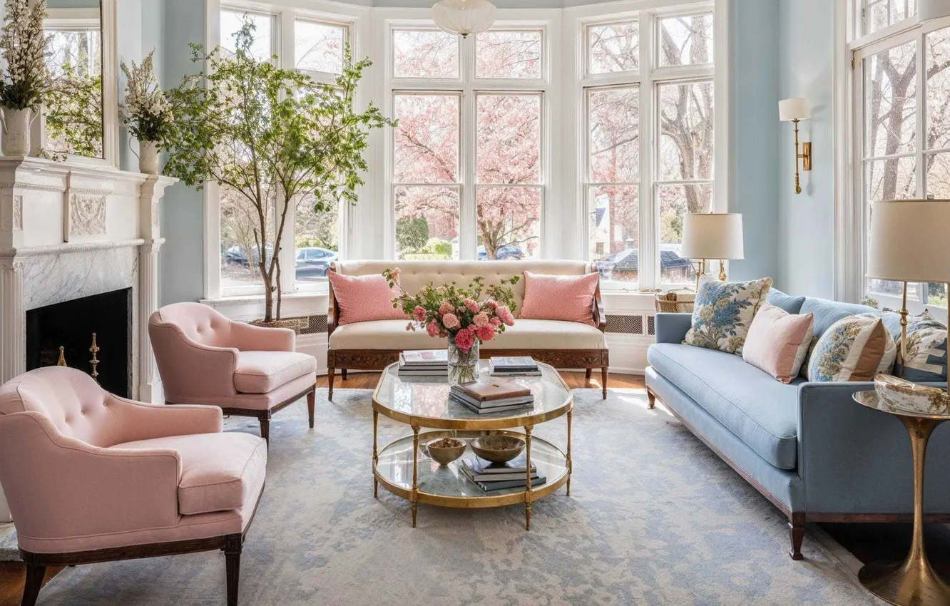 Photo wallpaper design, style, interior, fireplace, living room, bright room, upholstered furniture