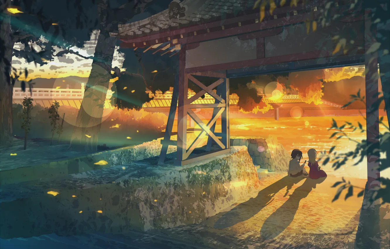 Photo wallpaper trees, sunset, bridge, river, shadow, the evening, gate, touhou