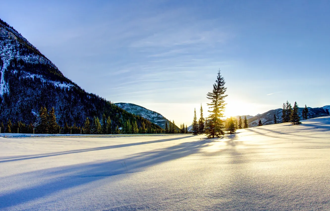 Photo wallpaper winter, snow, mountains, sunrise