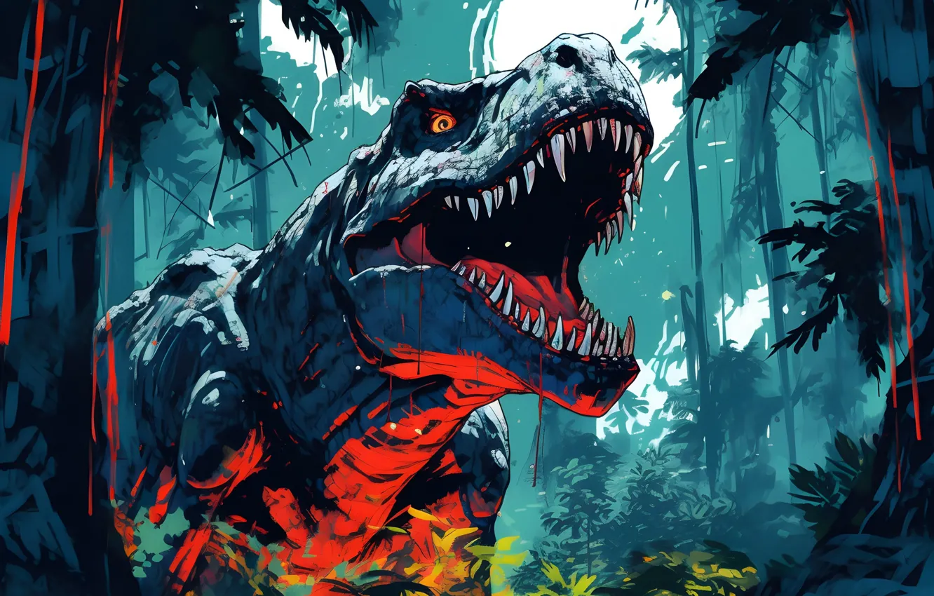 Photo wallpaper Teeth, Face, Predator, Art, Raptor, Dinosaur, T-Rex, Animal
