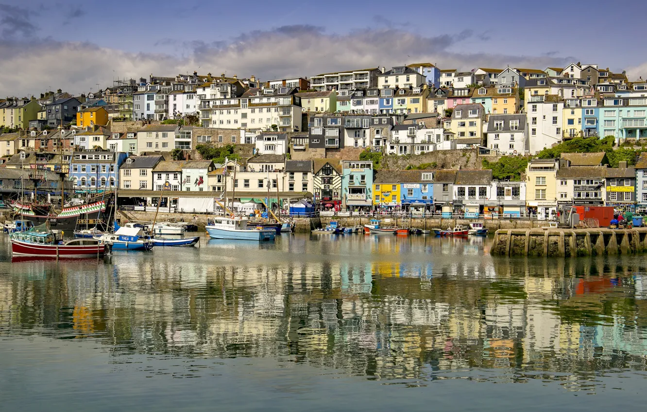 Photo wallpaper water, the sun, shore, boat, England, home, Bay, yacht