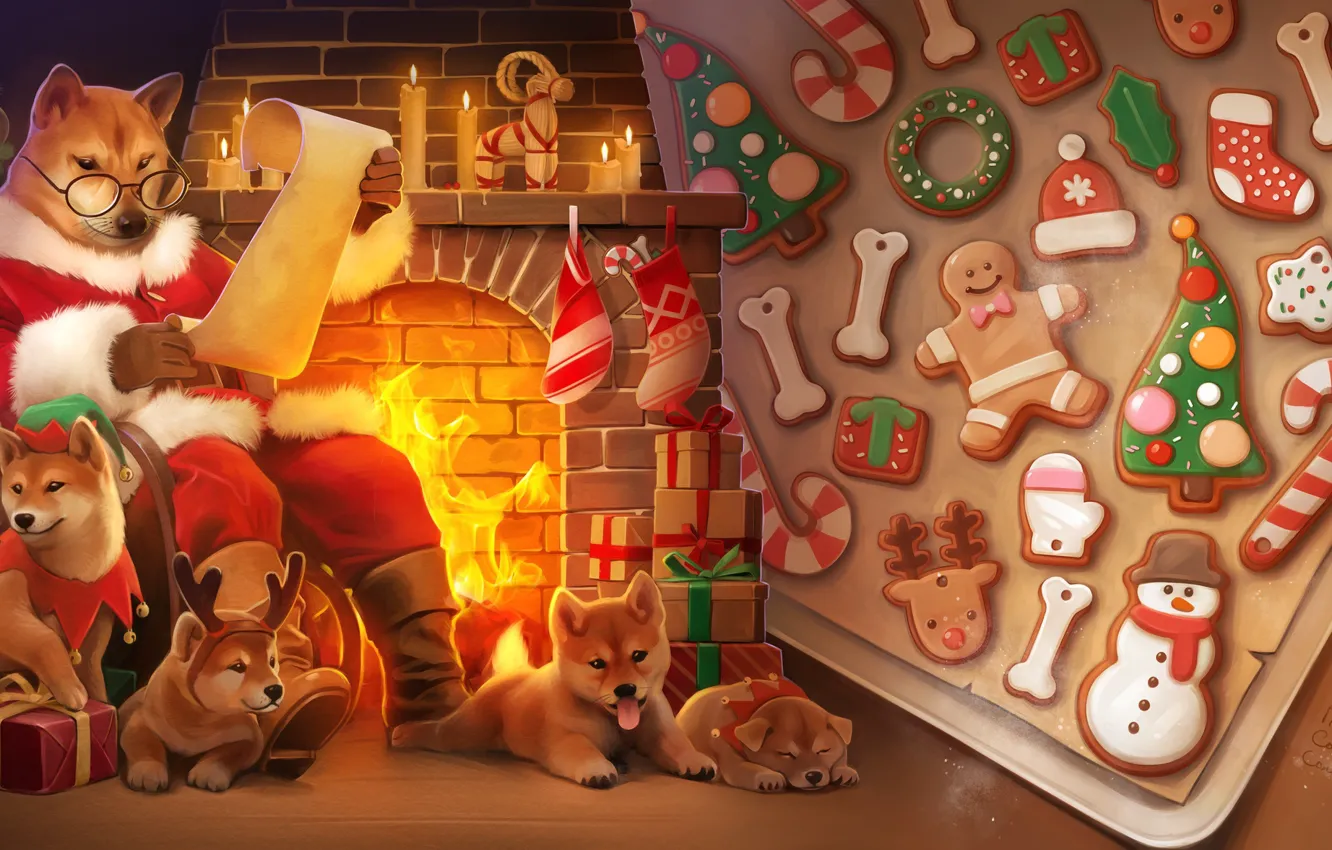 Photo wallpaper mood, holiday, art, gifts, New year, fireplace, herringbone, cookies