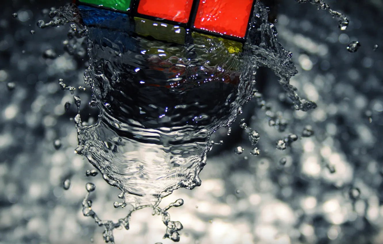 Photo wallpaper water, drops, squirt, background, liquid, Rubik's cube