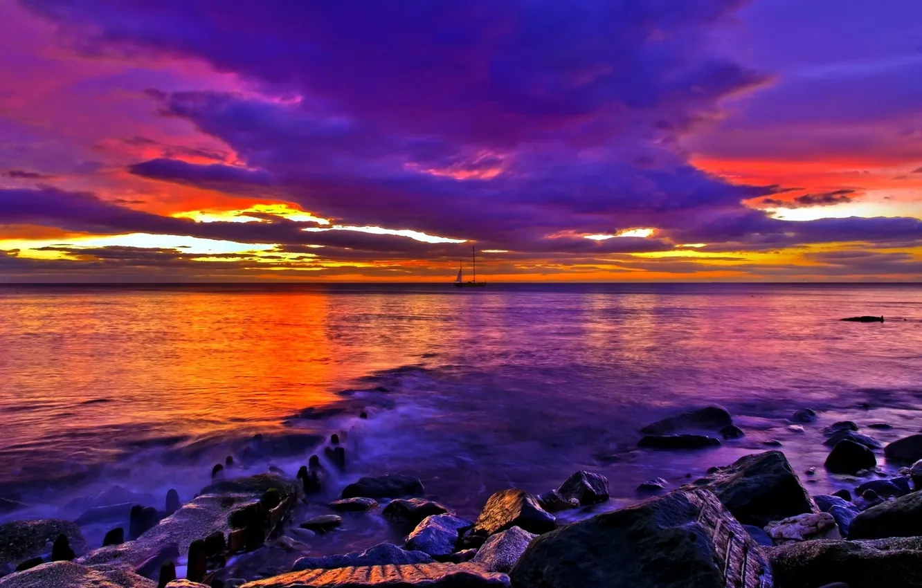 Photo wallpaper sea, purple, sunset, clouds, stones, sailboat