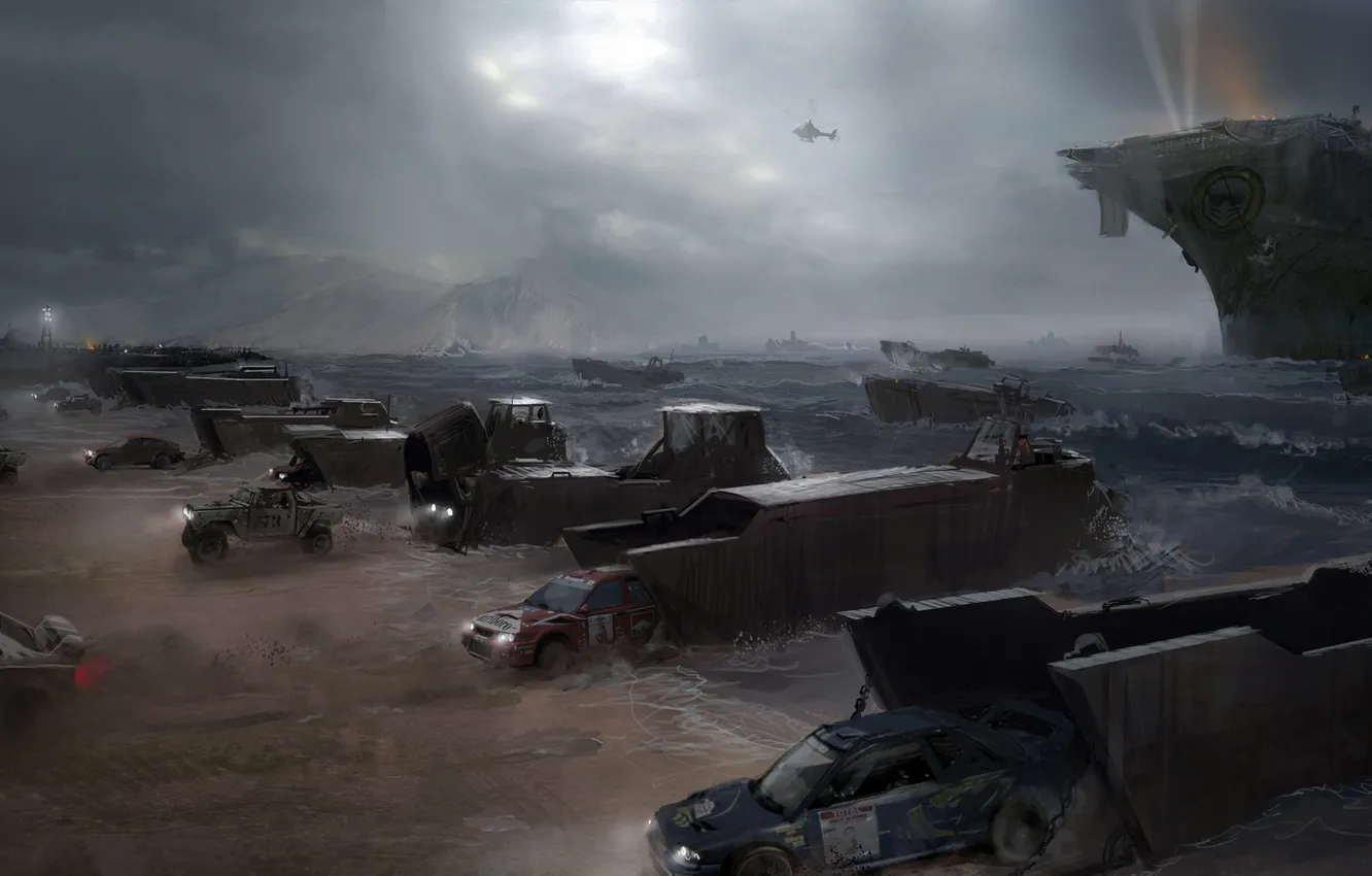 Photo wallpaper sea, machine, coast, the carrier, helicopter, apocalypse, MotorStorm