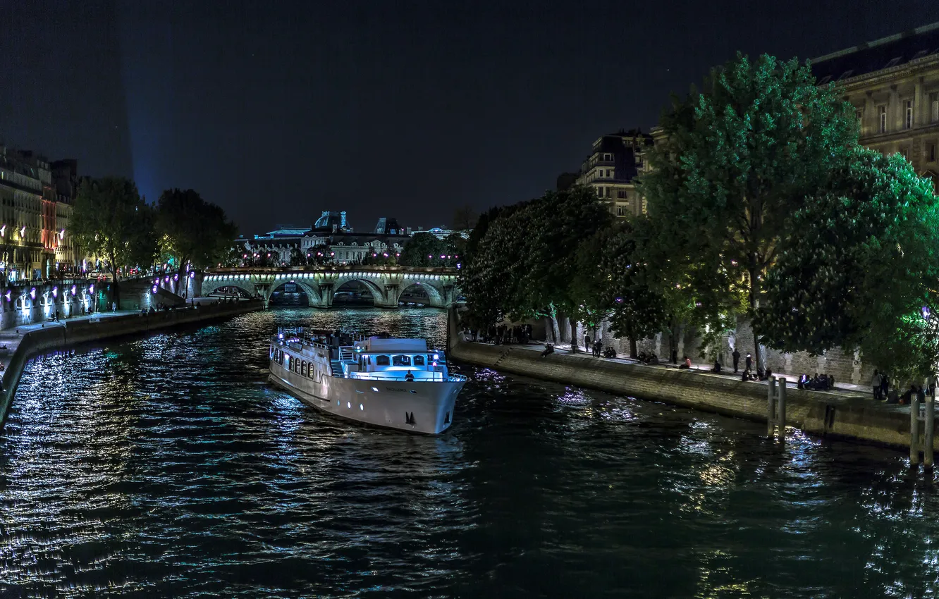 Photo wallpaper night, lights, river, France, Paris, ship, home, hay