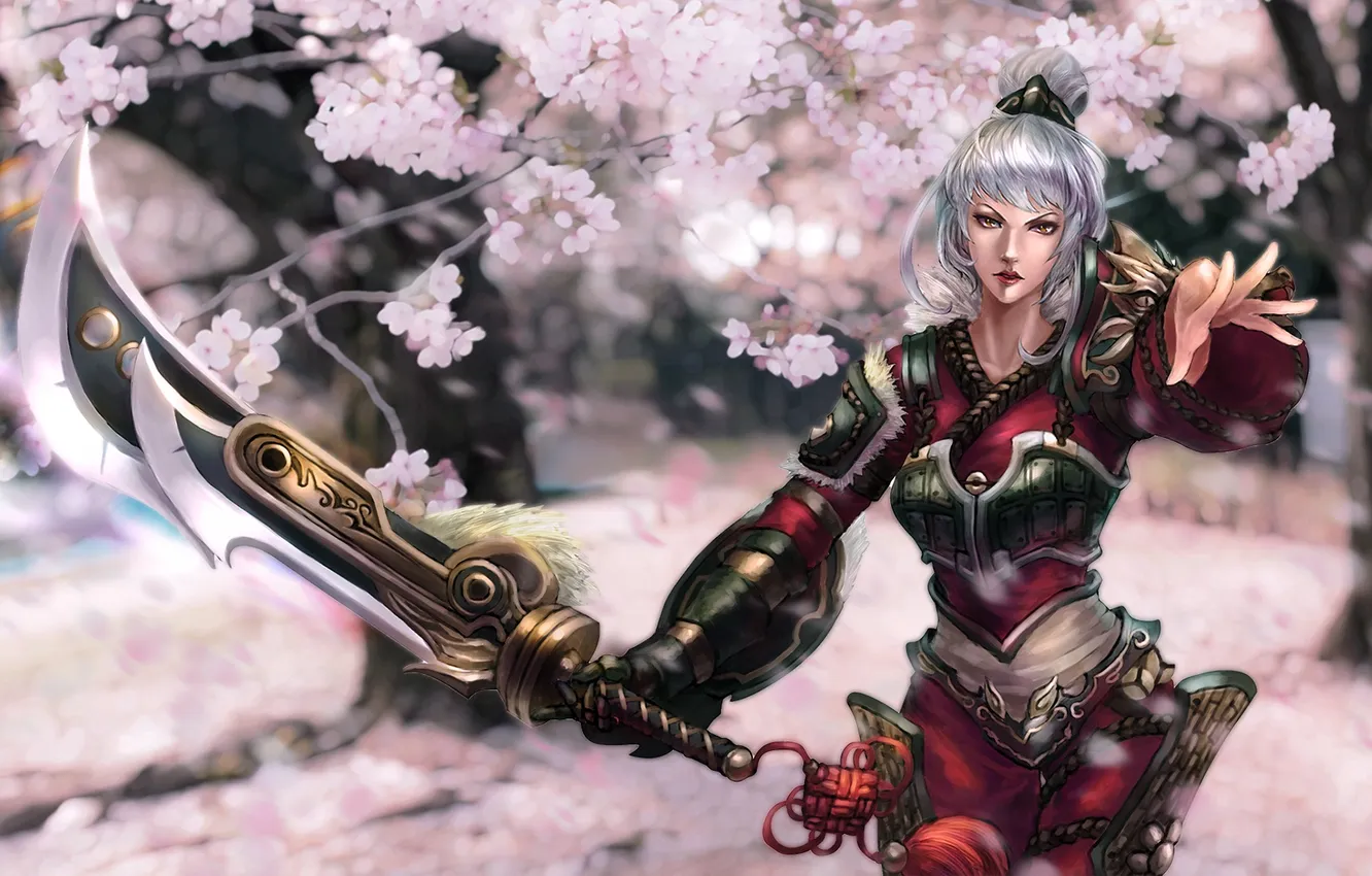 Photo wallpaper girl, trees, sword, garden, Sakura, League of Legends, riven, LoL