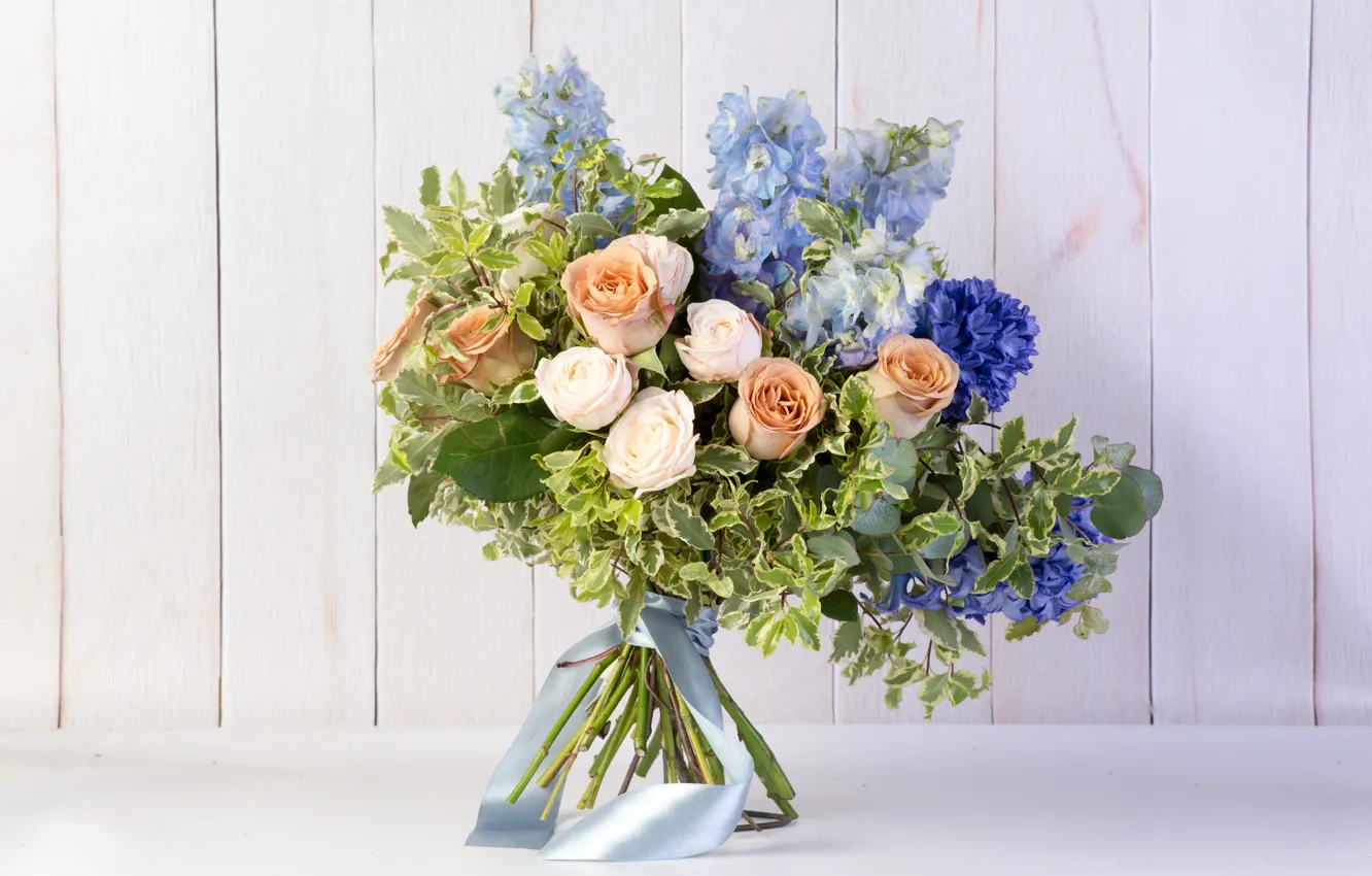 Photo wallpaper roses, bouquet, tape, hyacinths, delphinium