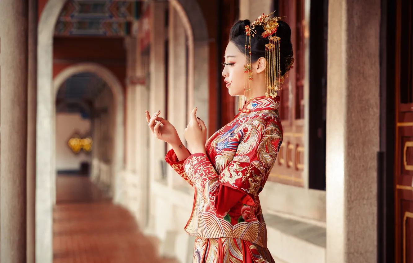 Photo wallpaper girl, decoration, red, face, pose, style, hands, makeup