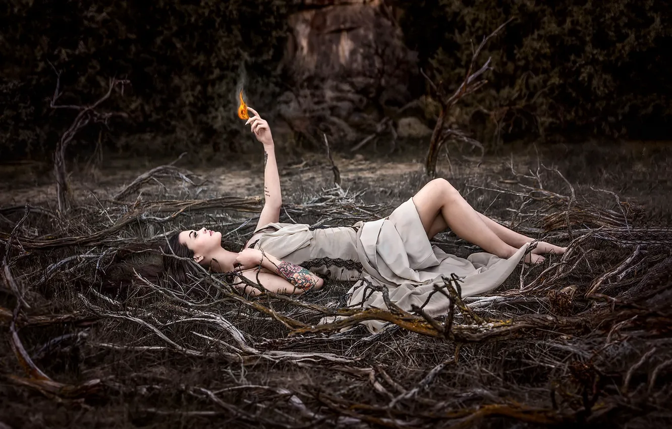 Photo wallpaper girl, roots, fire