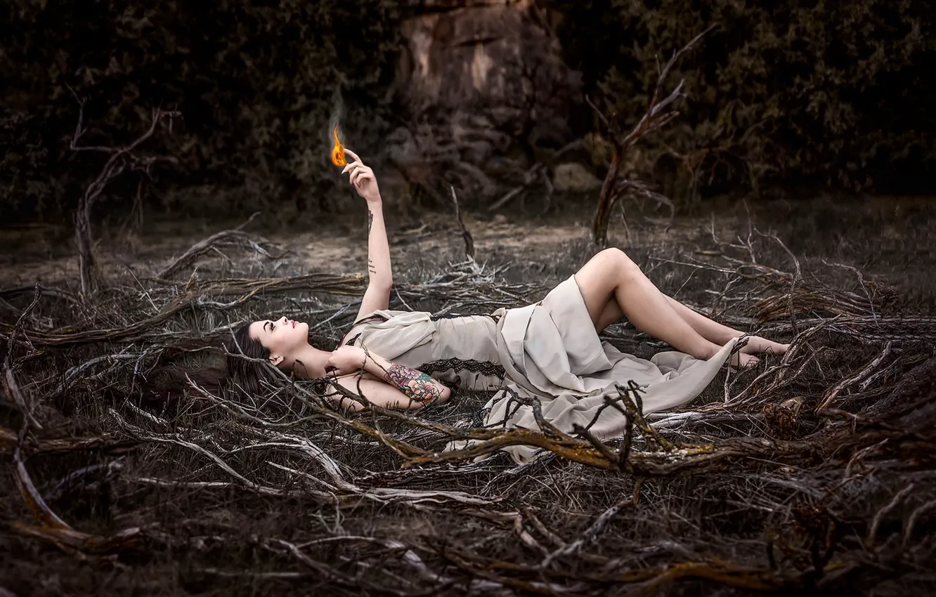 Photo wallpaper girl, lights, roots