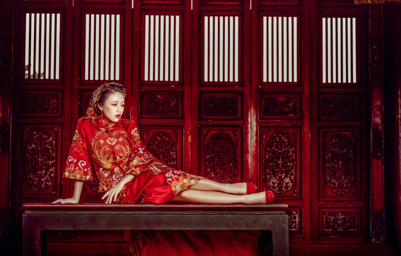 Photo wallpaper girl, pose, style, model, Asian, bench