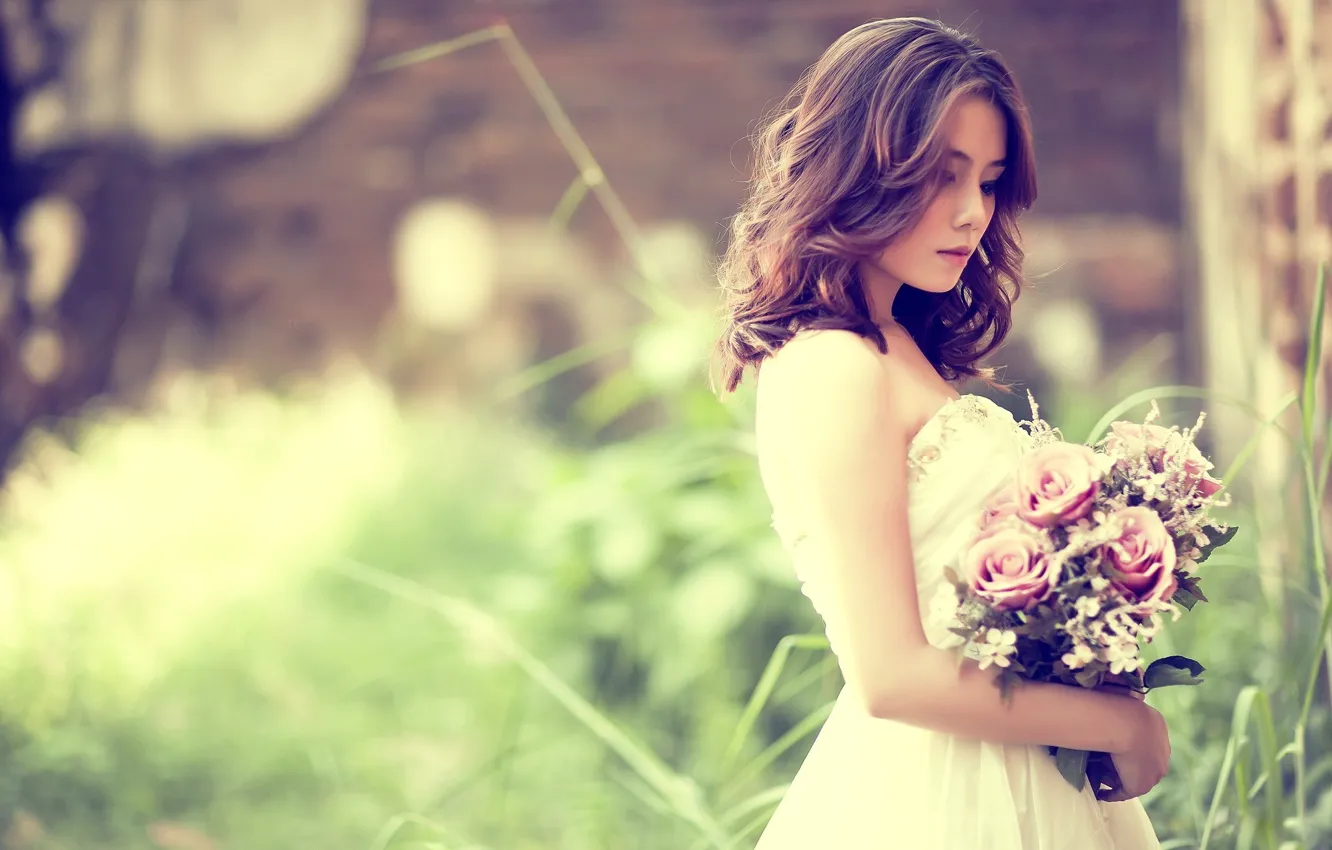 Photo wallpaper girl, bouquet, dress, the bride