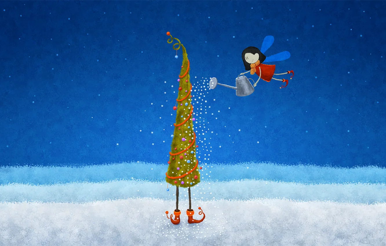 Photo wallpaper snowflakes, elf, tree