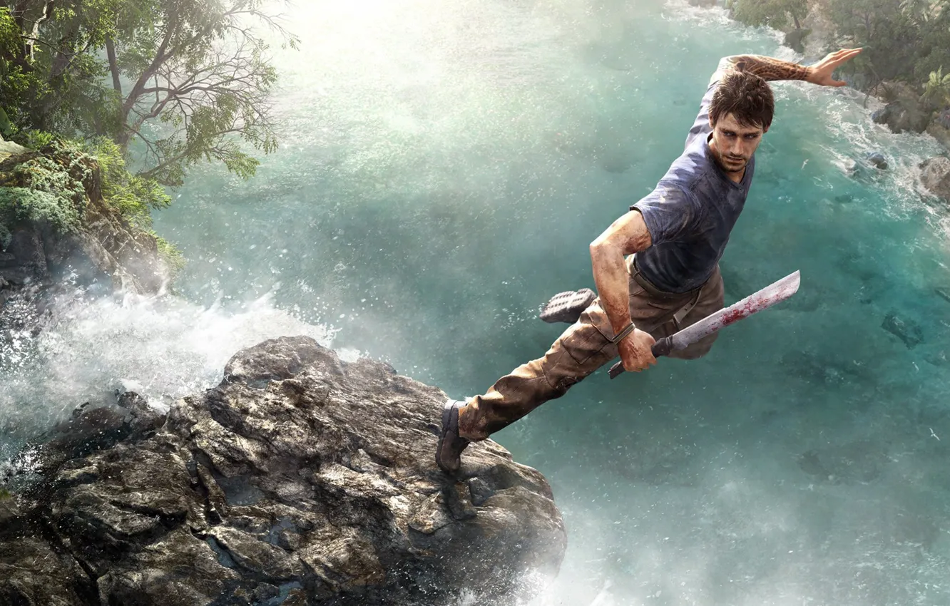 Photo wallpaper water, stones, jump, blood, waterfall, warrior, tattoo, jungle